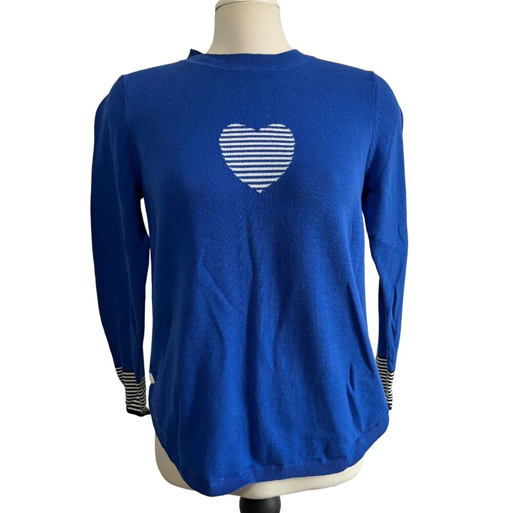 Ten-Oh-8 Royal Blue Heart Cotton Sweater Sz Medium Womens Long Sleeve with Strip